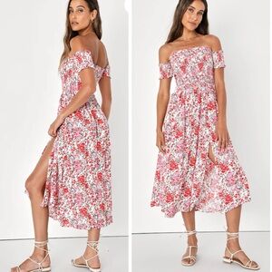 Lulus View From The Meadow Cream Floral Print Off-the-shoulder Dress Sz Small